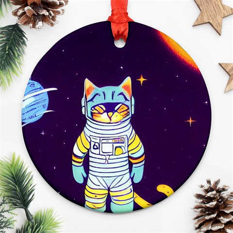 Cat Astronaut Space Retro Universe Round Ornament (Two Sides) from ArtsNow.com Front