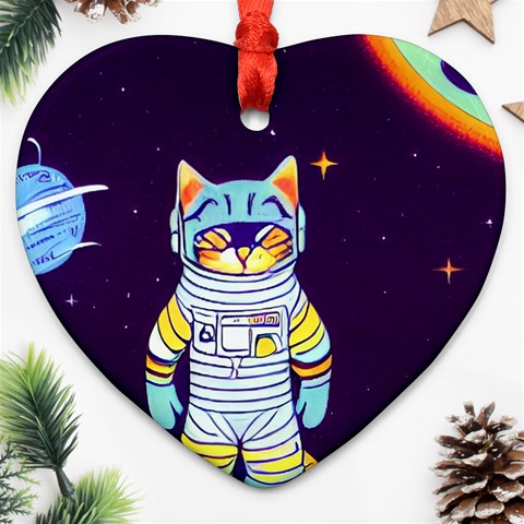 Cat Astronaut Space Retro Universe Heart Ornament (Two Sides) from ArtsNow.com Front
