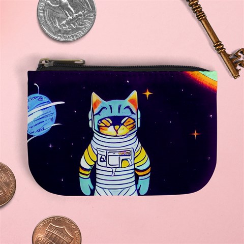 Cat Astronaut Space Retro Universe Mini Coin Purse from ArtsNow.com Front
