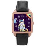 Cat Astronaut Space Retro Universe Rose Gold Leather Watch 