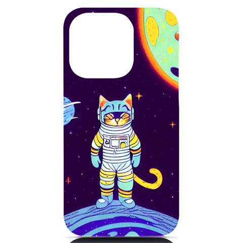 Cat Astronaut Space Retro Universe iPhone 14 Pro Black UV Print Case from ArtsNow.com Front