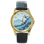 Swan Flying Bird Wings Waves Grass Round Gold Metal Watch