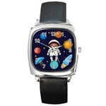Boy Spaceman Space Rocket Ufo Planets Stars Square Metal Watch
