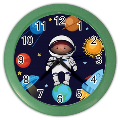 Boy Spaceman Space Rocket Ufo Planets Stars Color Wall Clock from ArtsNow.com Front