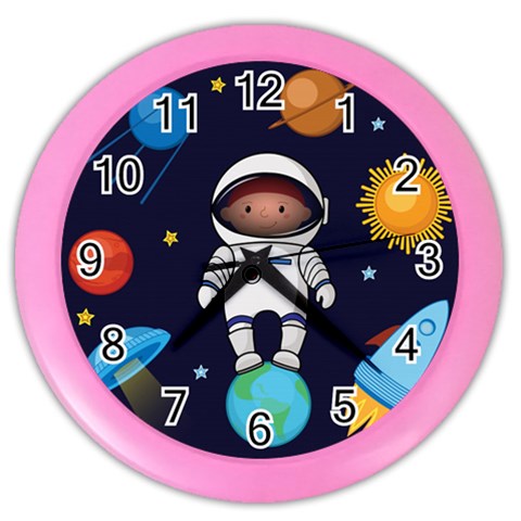 Boy Spaceman Space Rocket Ufo Planets Stars Color Wall Clock from ArtsNow.com Front