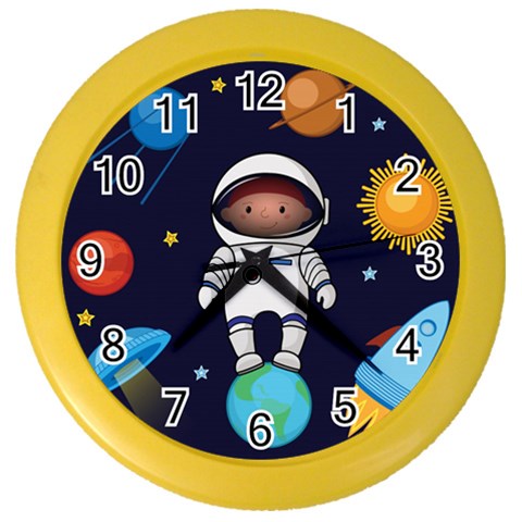 Boy Spaceman Space Rocket Ufo Planets Stars Color Wall Clock from ArtsNow.com Front