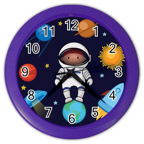 Boy Spaceman Space Rocket Ufo Planets Stars Color Wall Clock from ArtsNow.com Front