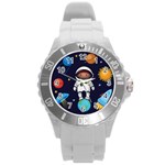 Boy Spaceman Space Rocket Ufo Planets Stars Round Plastic Sport Watch (L)