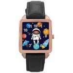 Boy Spaceman Space Rocket Ufo Planets Stars Rose Gold Leather Watch 