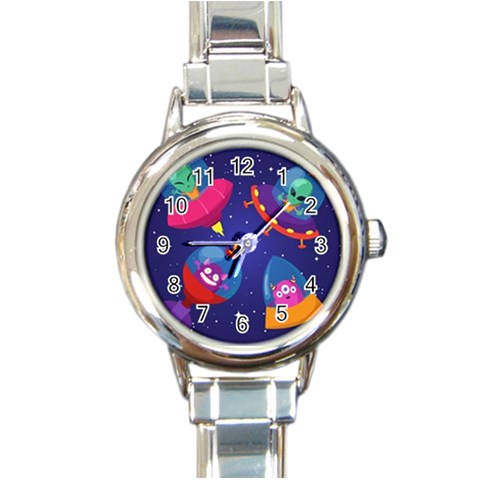 Cartoon Funny Aliens With Ufo Duck Starry Sky Set Round Italian Charm Watch from ArtsNow.com Front