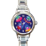 Cartoon Funny Aliens With Ufo Duck Starry Sky Set Round Italian Charm Watch