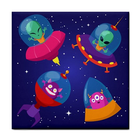 Cartoon Funny Aliens With Ufo Duck Starry Sky Set Tile Coaster from ArtsNow.com Front