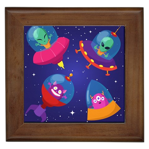 Cartoon Funny Aliens With Ufo Duck Starry Sky Set Framed Tile from ArtsNow.com Front