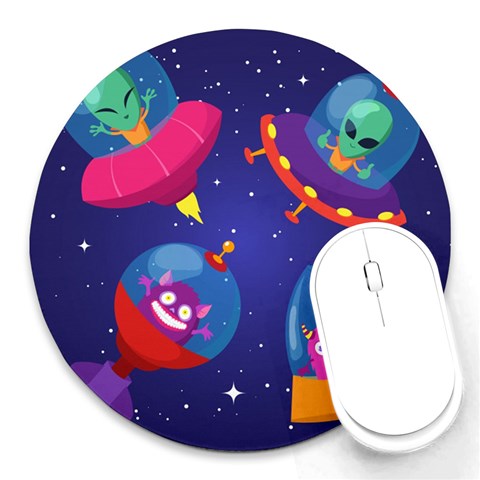 Cartoon Funny Aliens With Ufo Duck Starry Sky Set Round Mousepad from ArtsNow.com Front