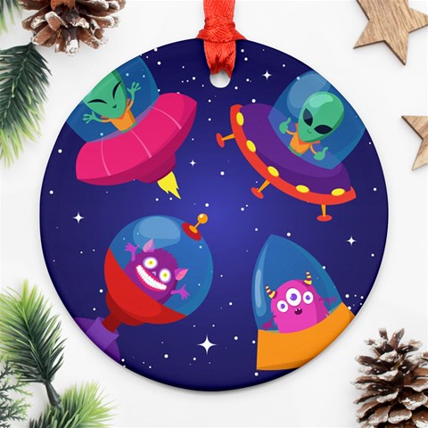 Cartoon Funny Aliens With Ufo Duck Starry Sky Set Ornament (Round) from ArtsNow.com Front