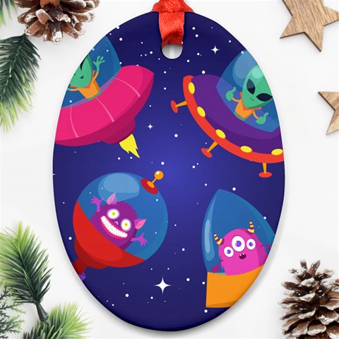 Cartoon Funny Aliens With Ufo Duck Starry Sky Set Ornament (Oval) from ArtsNow.com Front