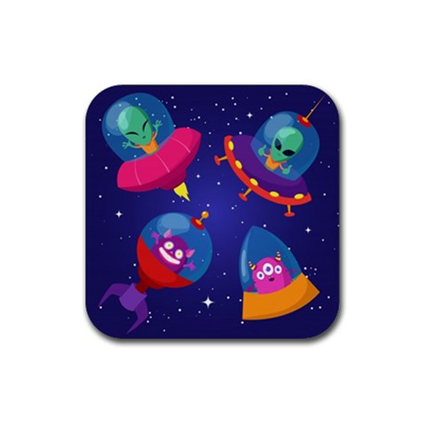 Cartoon Funny Aliens With Ufo Duck Starry Sky Set Rubber Coaster (Square) from ArtsNow.com Front