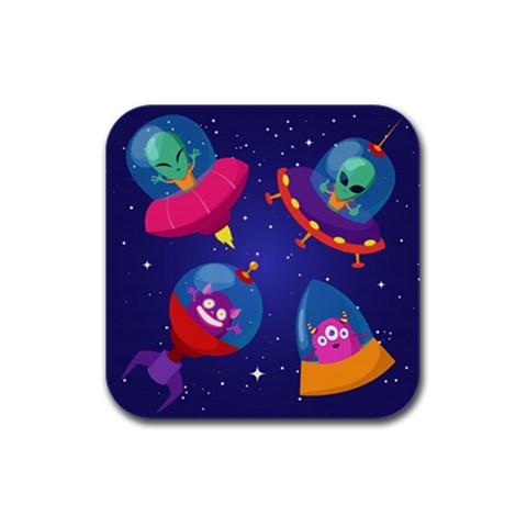 Cartoon Funny Aliens With Ufo Duck Starry Sky Set Rubber Square Coaster (4 pack) from ArtsNow.com Front