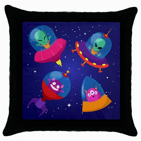 Cartoon Funny Aliens With Ufo Duck Starry Sky Set Throw Pillow Case (Black) from ArtsNow.com Front
