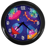Cartoon Funny Aliens With Ufo Duck Starry Sky Set Wall Clock (Black)