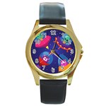 Cartoon Funny Aliens With Ufo Duck Starry Sky Set Round Gold Metal Watch