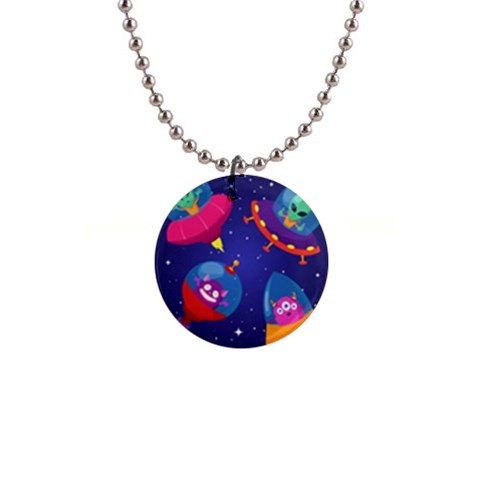 Cartoon Funny Aliens With Ufo Duck Starry Sky Set 1  Button Necklace from ArtsNow.com Front