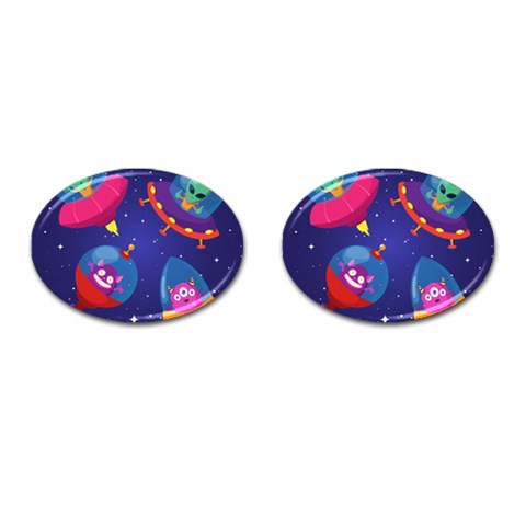 Cartoon Funny Aliens With Ufo Duck Starry Sky Set Cufflinks (Oval) from ArtsNow.com Front(Pair)