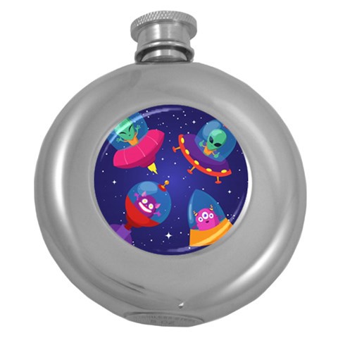 Cartoon Funny Aliens With Ufo Duck Starry Sky Set Round Hip Flask (5 oz) from ArtsNow.com Front