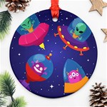 Cartoon Funny Aliens With Ufo Duck Starry Sky Set Round Ornament (Two Sides)