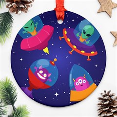 Cartoon Funny Aliens With Ufo Duck Starry Sky Set Round Ornament (Two Sides) from ArtsNow.com Back