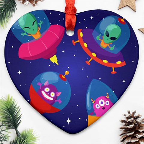 Cartoon Funny Aliens With Ufo Duck Starry Sky Set Heart Ornament (Two Sides) from ArtsNow.com Front