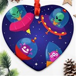 Cartoon Funny Aliens With Ufo Duck Starry Sky Set Heart Ornament (Two Sides)
