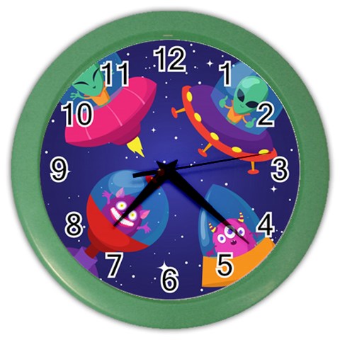 Cartoon Funny Aliens With Ufo Duck Starry Sky Set Color Wall Clock from ArtsNow.com Front