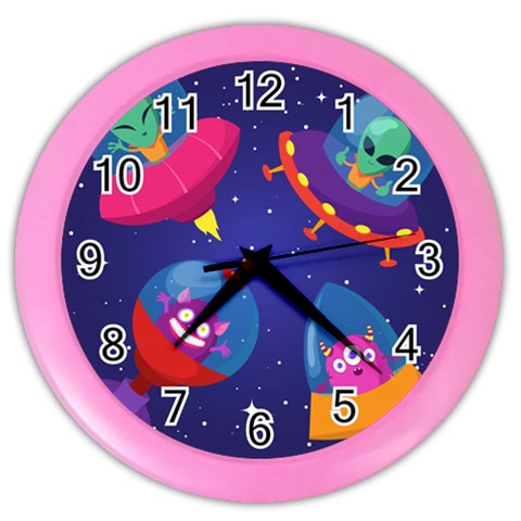 Cartoon Funny Aliens With Ufo Duck Starry Sky Set Color Wall Clock from ArtsNow.com Front