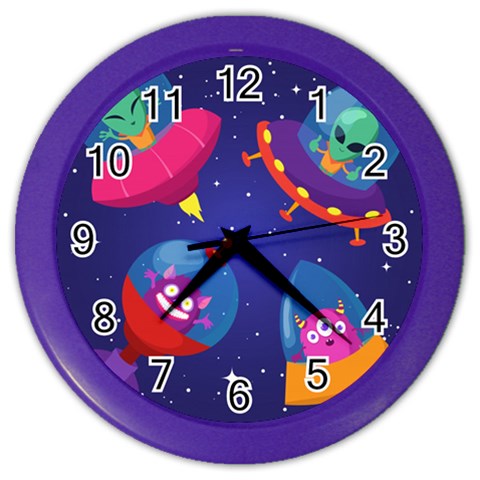 Cartoon Funny Aliens With Ufo Duck Starry Sky Set Color Wall Clock from ArtsNow.com Front