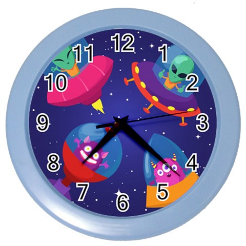 Cartoon Funny Aliens With Ufo Duck Starry Sky Set Color Wall Clock from ArtsNow.com Front