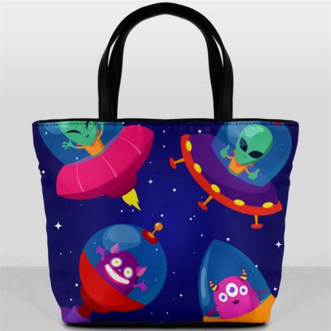 Cartoon Funny Aliens With Ufo Duck Starry Sky Set Bucket Bag from ArtsNow.com Front