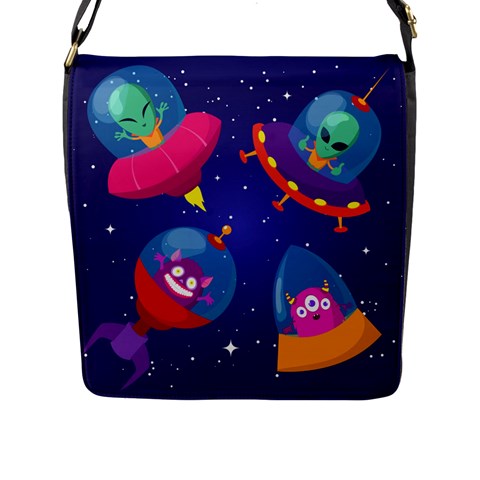 Cartoon Funny Aliens With Ufo Duck Starry Sky Set Flap Closure Messenger Bag (L) from ArtsNow.com Front