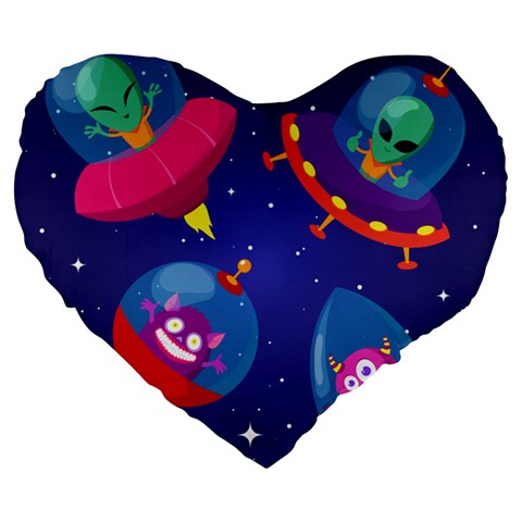 Cartoon Funny Aliens With Ufo Duck Starry Sky Set Large 19  Premium Flano Heart Shape Cushions from ArtsNow.com Front