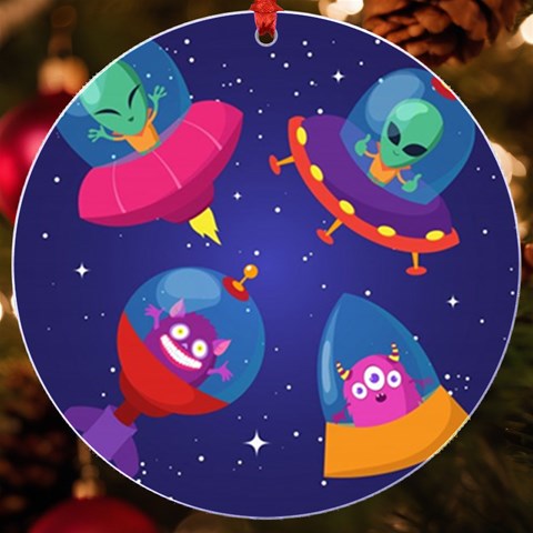 Cartoon Funny Aliens With Ufo Duck Starry Sky Set UV Print Acrylic Ornament Round from ArtsNow.com Front