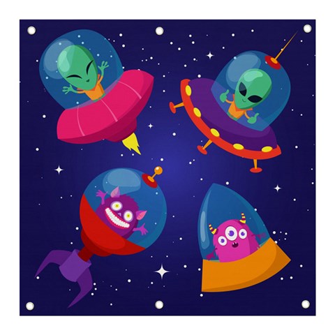 Cartoon Funny Aliens With Ufo Duck Starry Sky Set Banner and Sign 3  x 3  from ArtsNow.com Front