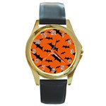Halloween Card With Bats Flying Pattern Round Gold Metal Watch