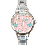 Cute Owl Doodles With Moon Star Seamless Pattern Round Italian Charm Watch