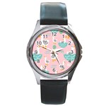 Cute Owl Doodles With Moon Star Seamless Pattern Round Metal Watch