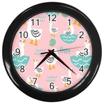 Cute Owl Doodles With Moon Star Seamless Pattern Wall Clock (Black)