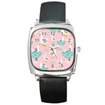 Cute Owl Doodles With Moon Star Seamless Pattern Square Metal Watch