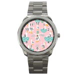 Cute Owl Doodles With Moon Star Seamless Pattern Sport Metal Watch