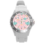Cute Owl Doodles With Moon Star Seamless Pattern Round Plastic Sport Watch (L)