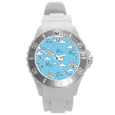 Seamless Pattern Vector Owl Cartoon With Bugs Round Plastic Sport Watch (L) from ArtsNow.com Front