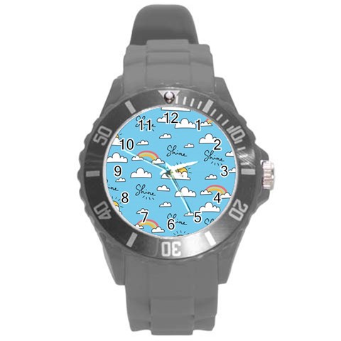 Seamless Pattern Vector Owl Cartoon With Bugs Round Plastic Sport Watch (L) from ArtsNow.com Front
